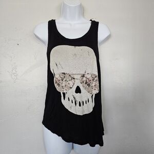 Neblina Womens Small Black Tank Top Skull Floral Aviator Sunglasses Soft Stretch